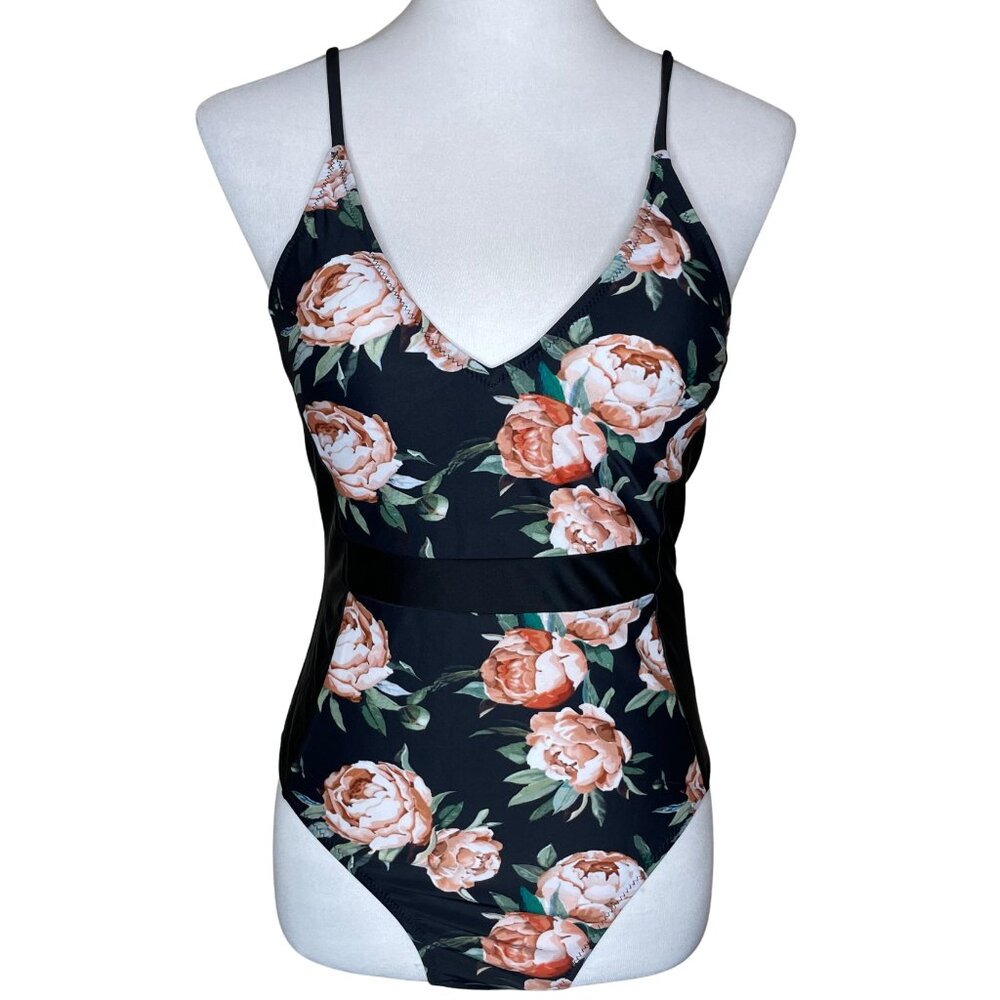 Cupshe Black Floral V-Neck One Piece Swimsuit Tummy Control Peony Print Size L - Picture 2 of 12